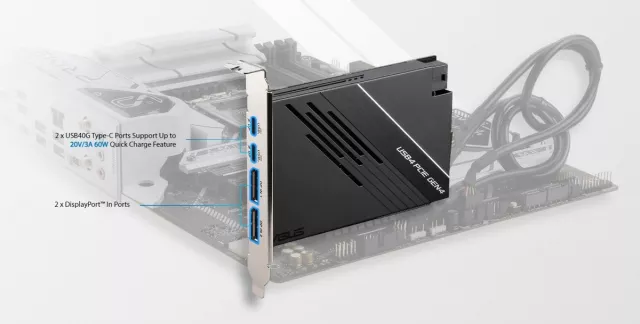 La scheda Asus PCIe 4.0 x4 add-in card ha due porte USB4 Type-C, ognuna con supporto Quick Charge da 60 Watt e DisplayPort 8K