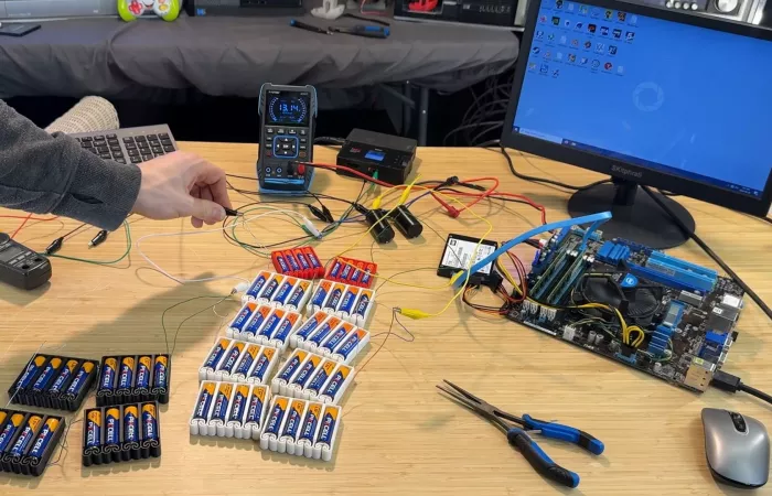 Esperimento estremo: un PC desktop alimentato da 56 batterie AA