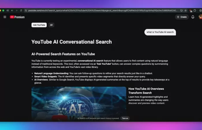 YouTube testa la ricerca conversazionale con AI per gli utenti Premium