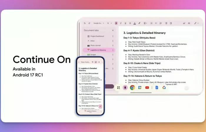 Android 17 introduce la funzione Continue On per il passaggio fluido tra dispositivi