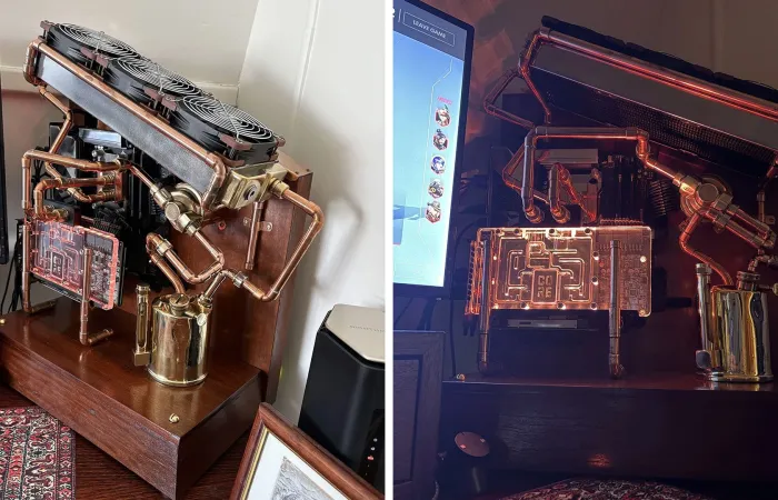 PC steampunk con raffreddamento custom in rame e base in legno antico